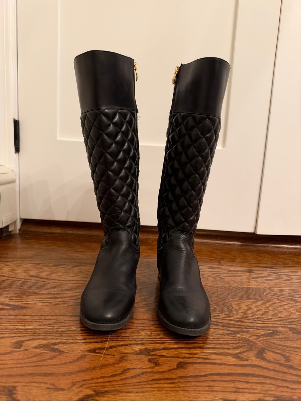 Vince Camuto Black Quilted Knee-High Riding Boots with Gold Accent - Picture 2 of 4
